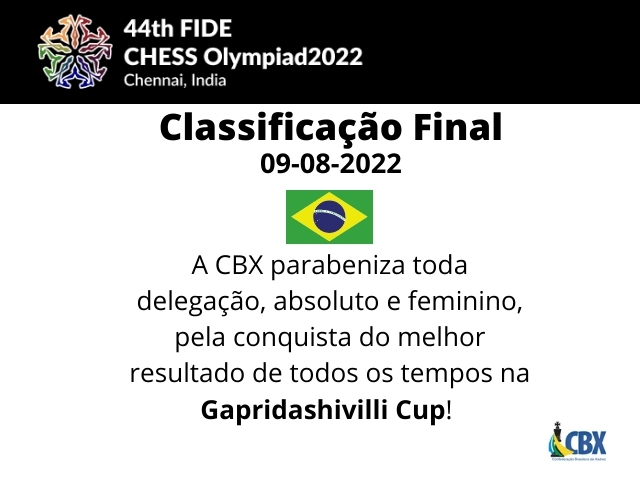 CBX - Chegou ao fim a espetacular Olimpíada de Xadrez em Chennai, Índia, a  44ª edição.